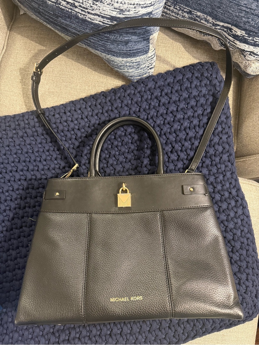 Michael Kors Black Leather Satchel with Gold Padlock